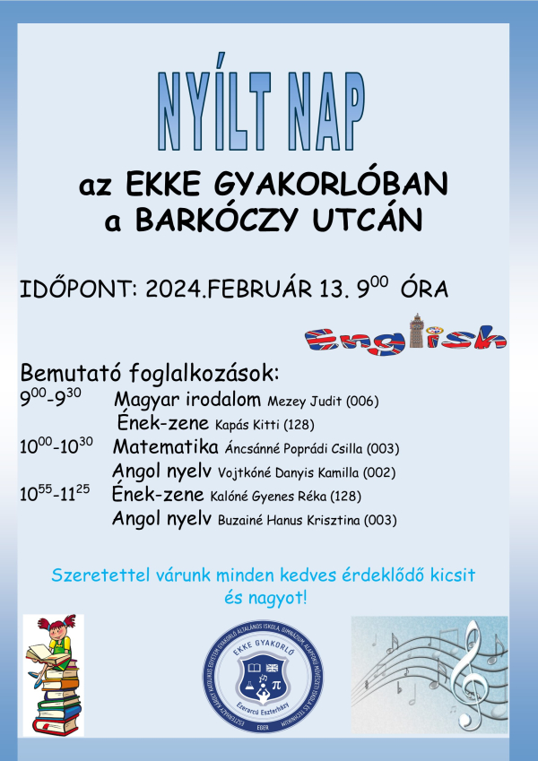 Nyílt nap az EKKE Gyakorló Barkóczy utcai épületében. Szeretettel várjuk az érdeklődőket!