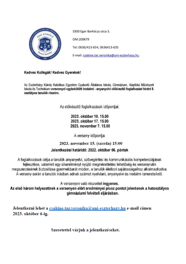 8. évfolyamos felvételi előkészítő és verseny