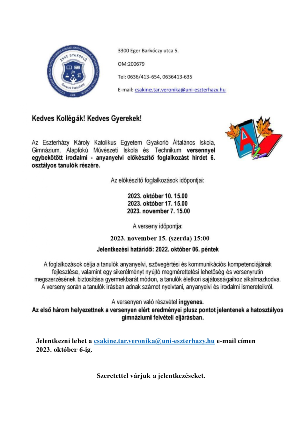 6. évfolyamos felvételi előkészítő és verseny