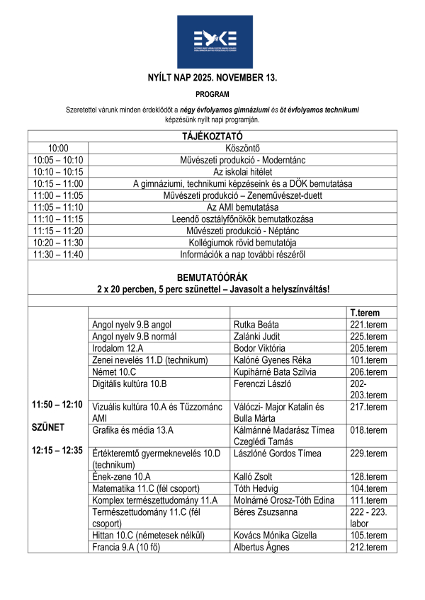 NYÍLT NAP 2025. NOVEMBER 13.-PROGRAM